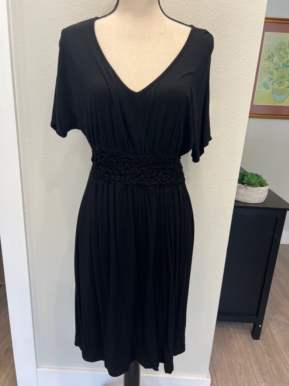 Spense Black V-Neck Smocked-Waist Mini Dress